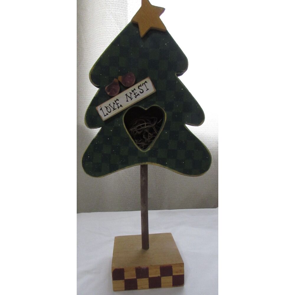 Christmas Tree wooden decor with birds love nest country decor checker stand